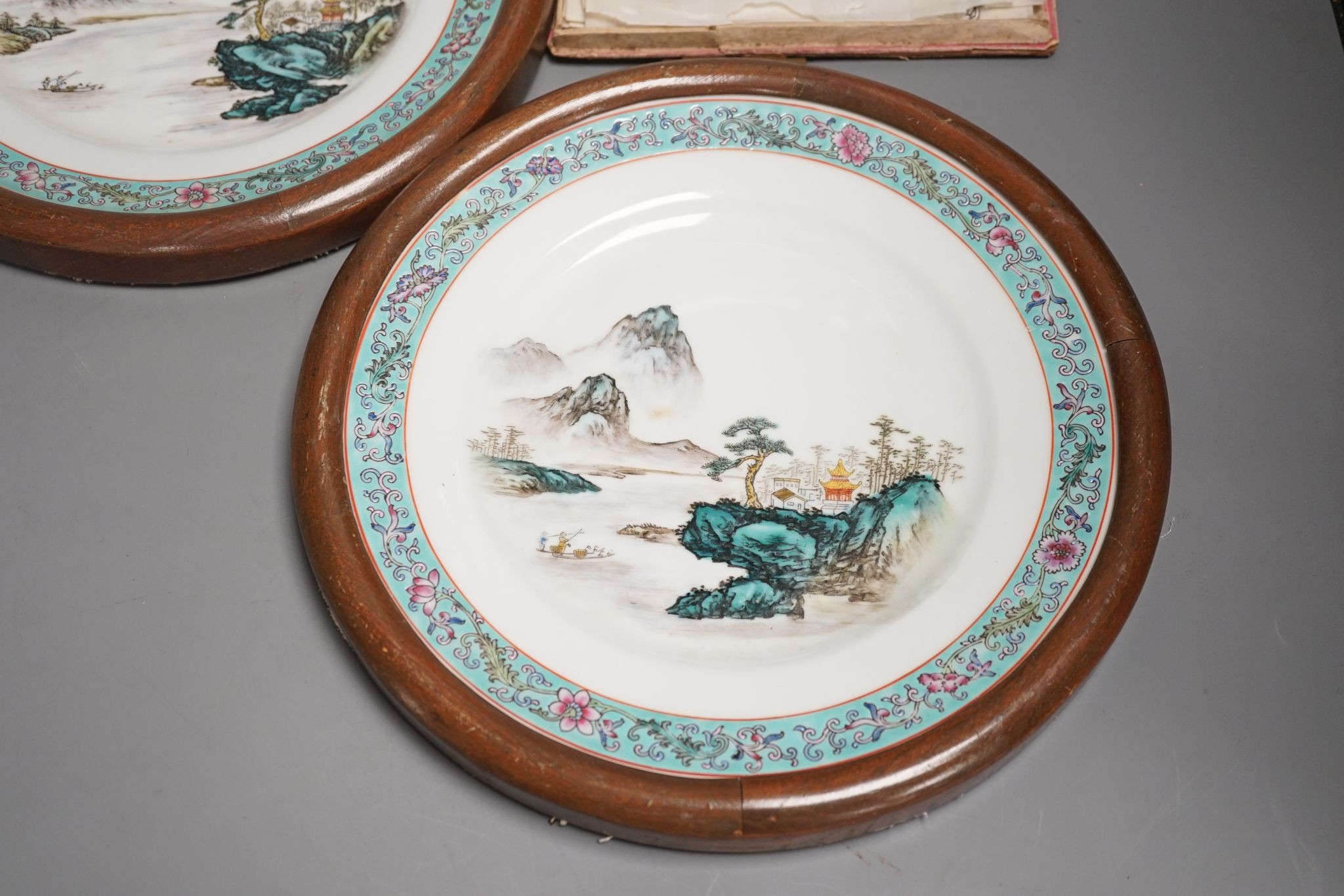 A group of Chinese pith paintings of court figures, production etc. and a pair of Chinese enamelled porcelain plates